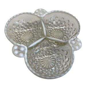 Vintage Clear Glass Divided Serving Dish With Hobnail & Scalloped Design